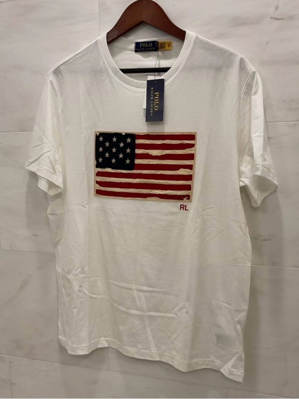 Polo Ralph Lauren White Distressed AMERICAN FLAG Appliqué Short Sleeve T Shirt